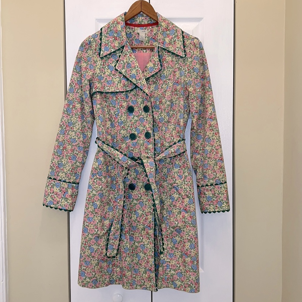 Anthropologie Odille scalloped ditsy floral green pink trench coat